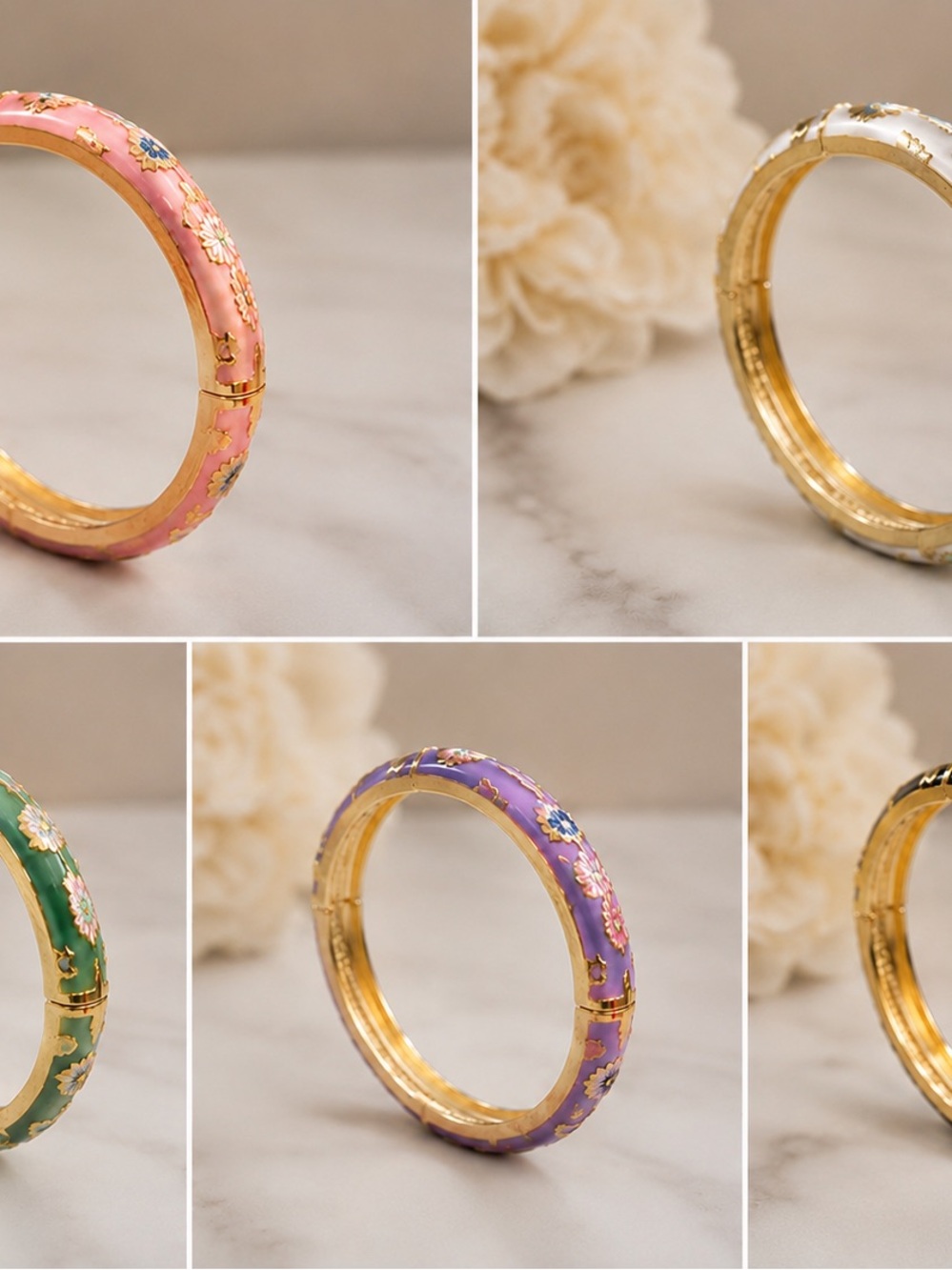 Elegant Floral Gold Tone Bangle Bracelet – Pink & Black Statement Jewelry